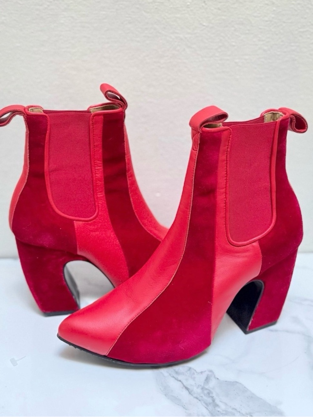 John Fluevog Fast Cars Le Mans Platform Red Velvet Chelsea Boots - Picture 4 of 13